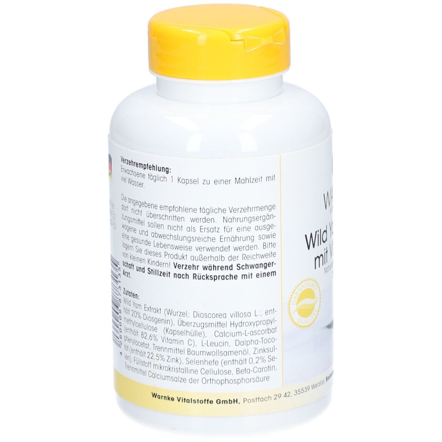 Rückseite der Flasche. Text mit Inhaltsstoffen und Verzehrempfehlung. Gelber Deckel.