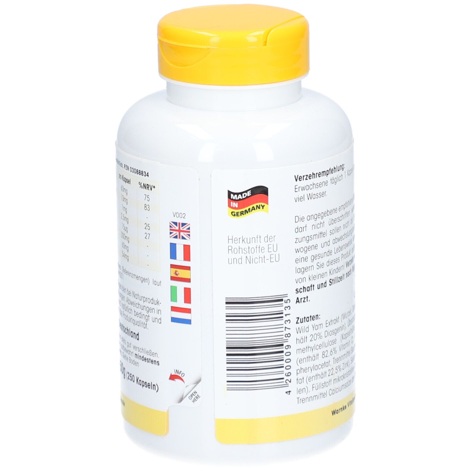 Rückseite der Flasche. Text, Herkunft EU/Nicht-EU, Made in Germany. Gelber Deckel.