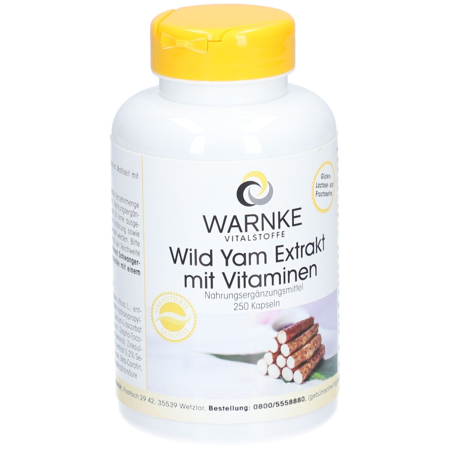 Weiße Flasche mit gelbem Deckel. Aufschrift: WARNKE Wild Yam Extrakt mit Vitaminen. 250 Kapseln.
