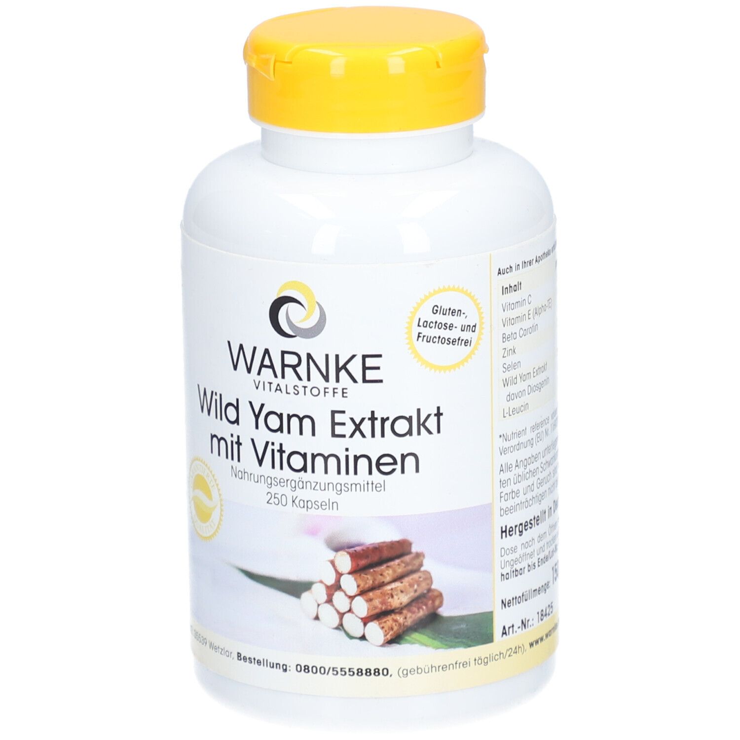 Weiße Flasche mit gelbem Deckel. Aufschrift: WARNKE Wild Yam Extrakt mit Vitaminen. 250 Kapseln.