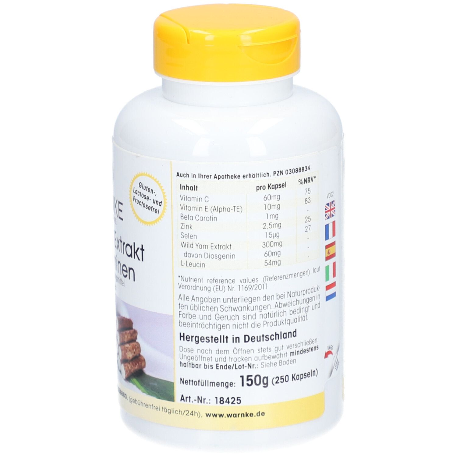 Rückseite der Flasche. Inhaltsstoffe, Nährwertangaben, Made in Germany. Gelber Deckel.