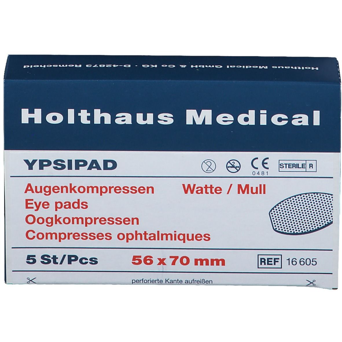 Schachtel mit YPSIPAD Augenkompressen. Holthaus Medical. 5 Stück. 56 x 70 mm. CE-Zeichen. Steril.