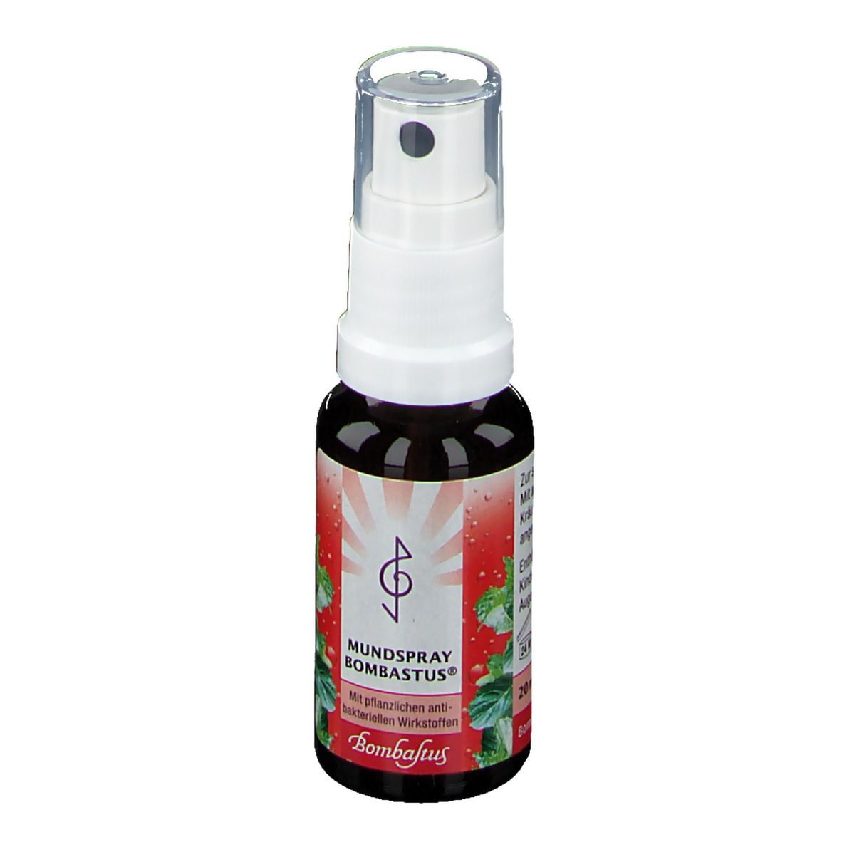 Braune Flasche mit weißem Sprühkopf. Aufschrift: Mundspray Bombastus. Mit pflanzlichen Wirkstoffen.