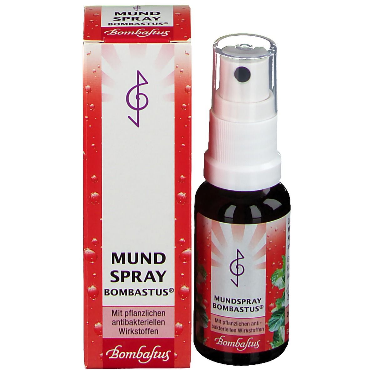 Mundspray-Flasche und Karton. Aufschrift: Mundspray Bombastus mit pflanzlichen Wirkstoffen. Roter Hintergrund.