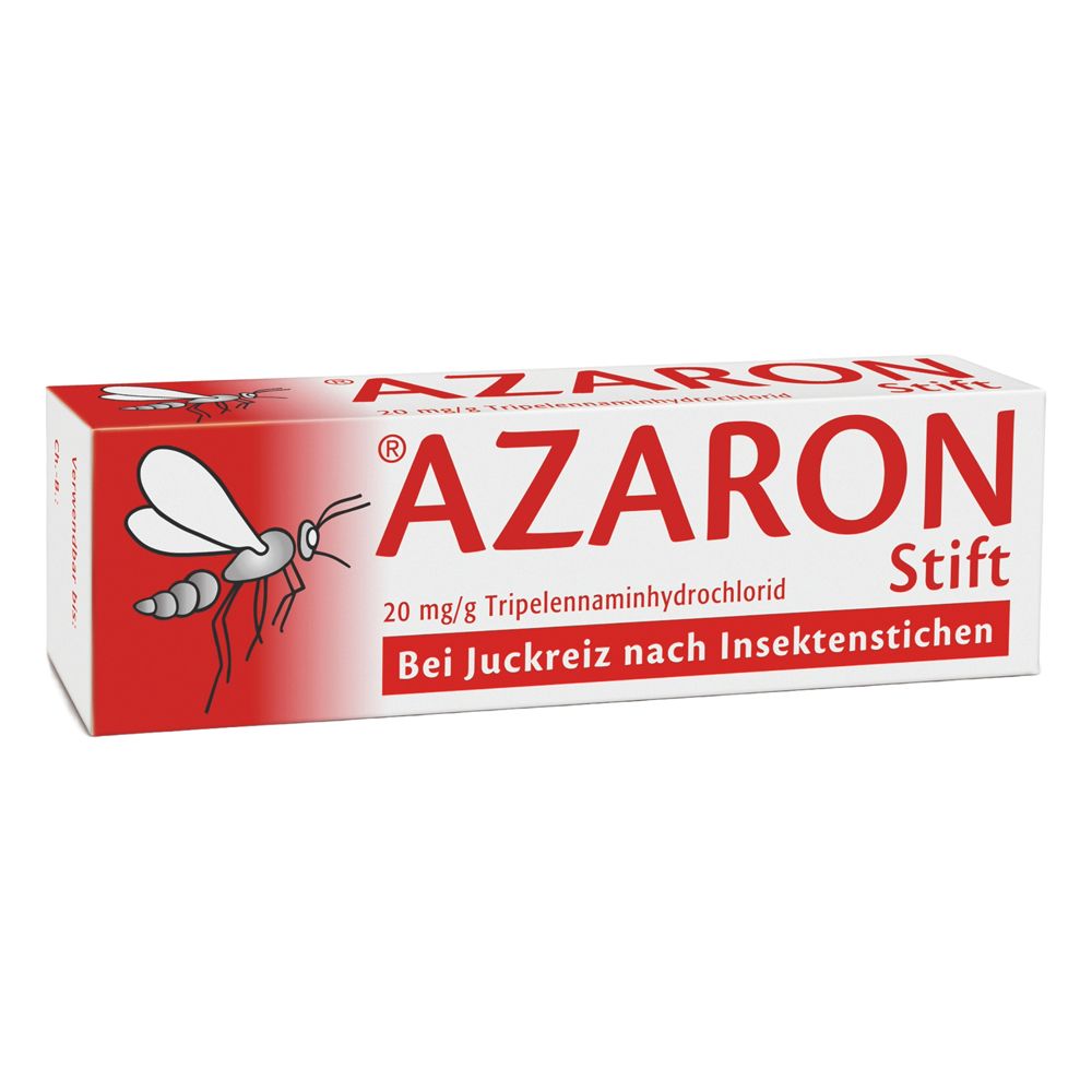 Schachtel mit AZARON Stift. Rote und weiße Verpackung. Aufdruck: AZARON, Stift, 20 mg/g Triprolidin. Bei Juckreiz nach Insektenstichen.