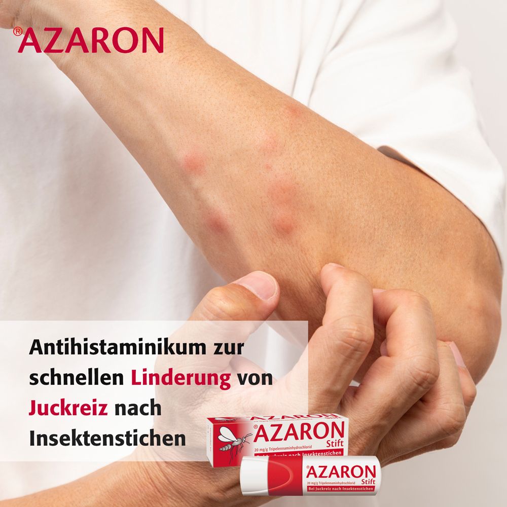 Arm mit Insektenstichen. AZARON Stift und Verpackung im Hintergrund. Text: Antihistaminikum zur schnellen Linderung von Juckreiz nach Insektenstichen.