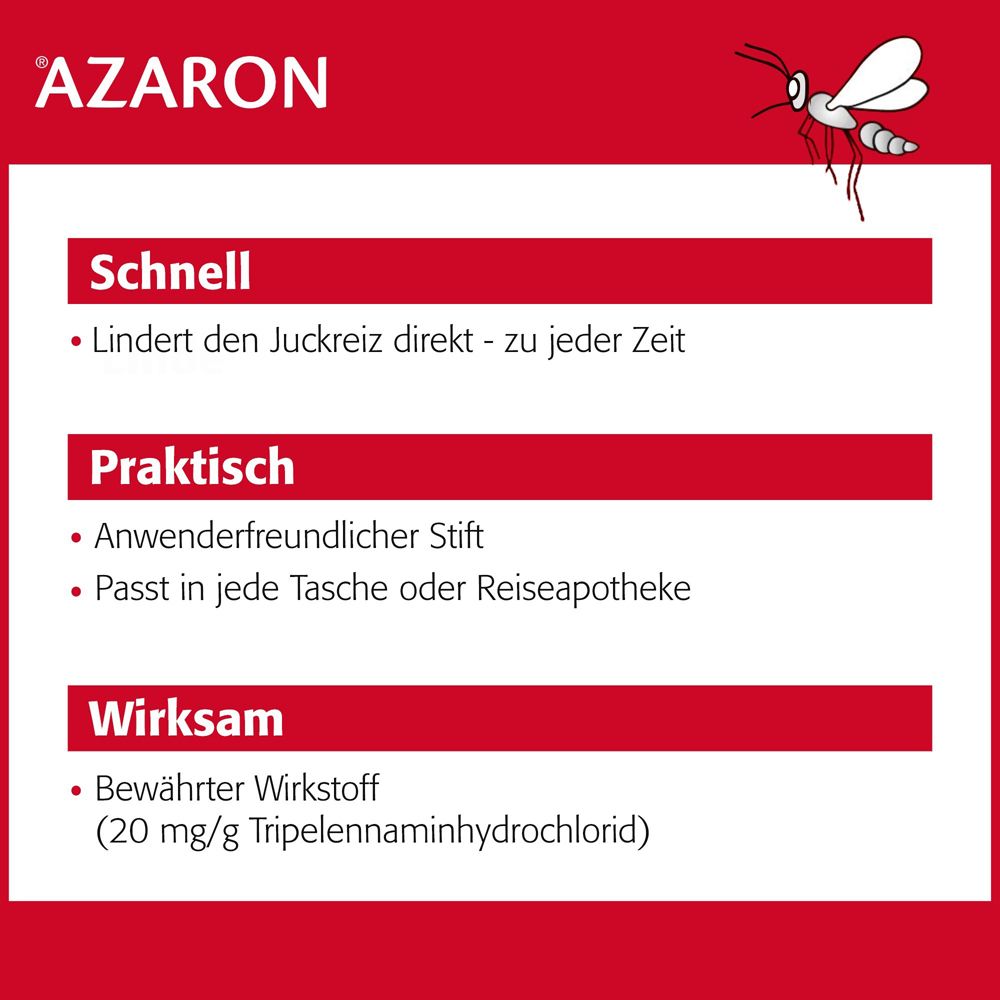 Infografik mit Text. AZARON Stift. Schnell: Lindert Juckreiz. Praktisch: Anwenderfreundlich. Wirksam: 20 mg/g Triprolidin. Roter Hintergrund.