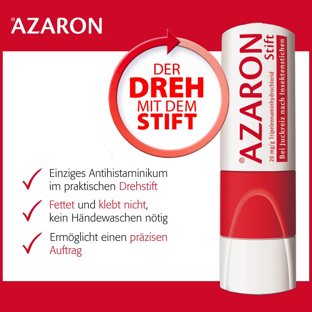 AZARON Stift. Weiß-roter Drehstift. Text: Einziges Antihistaminikum im praktischen Drehstift. Fettet nicht. Ermöglicht präzisen Auftrag.