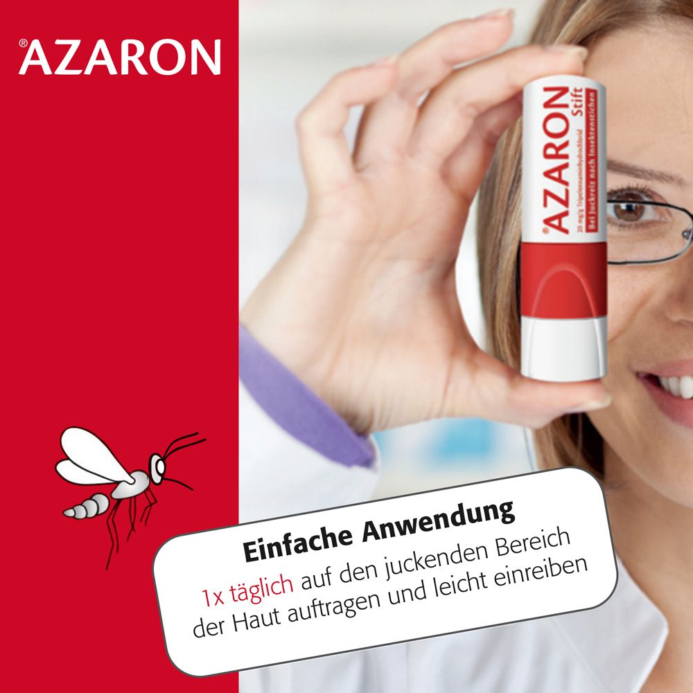 Frau hält AZARON Stift. Text: Einfache Anwendung: 1x täglich auf juckenden Bereich auftragen und leicht einreiben. Roter Hintergrund.