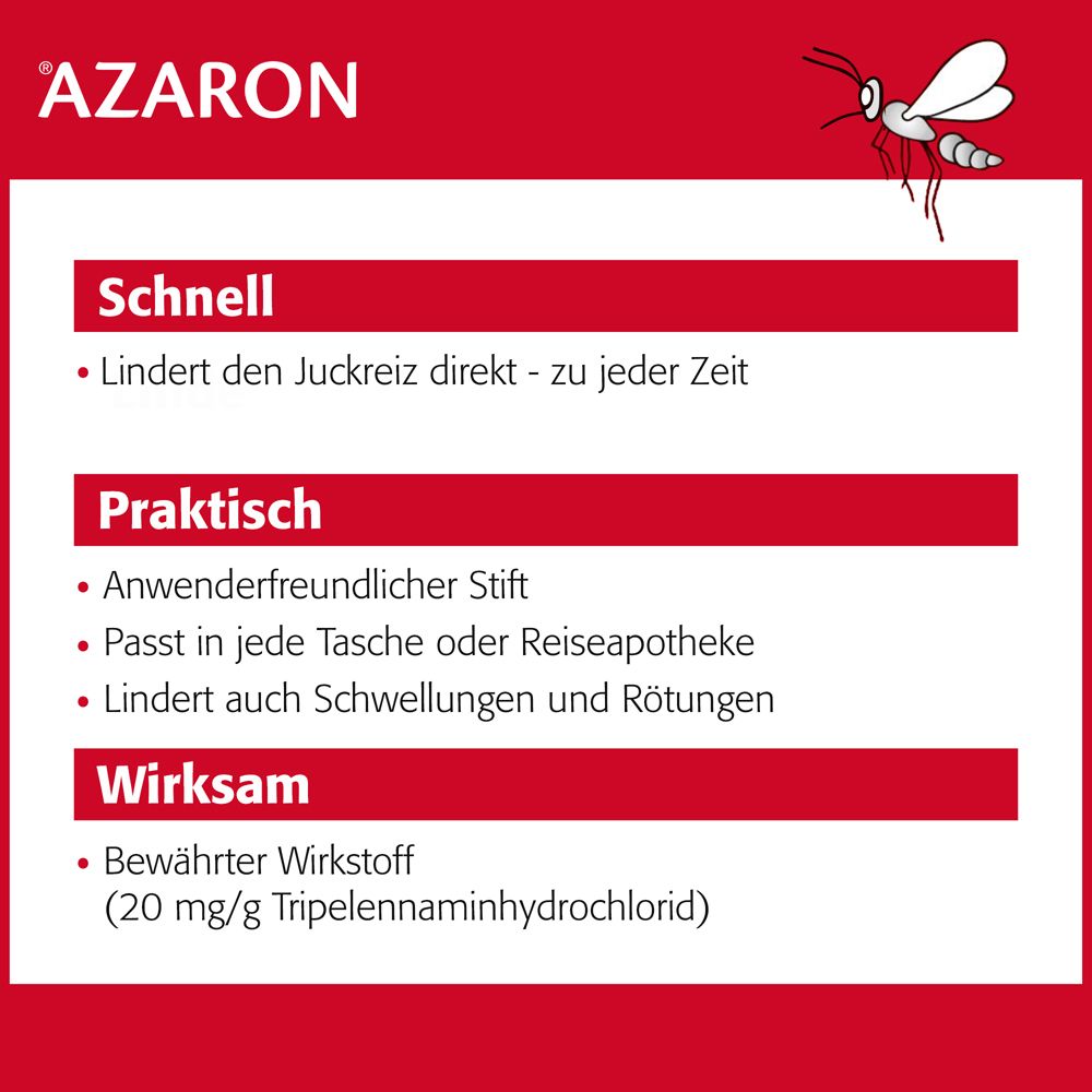 Infografik mit Text. AZARON Stift. Schnell: Lindert Juckreiz. Praktisch: Anwenderfreundlich. Wirksam: 20 mg/g Triprolidin. Roter Hintergrund.