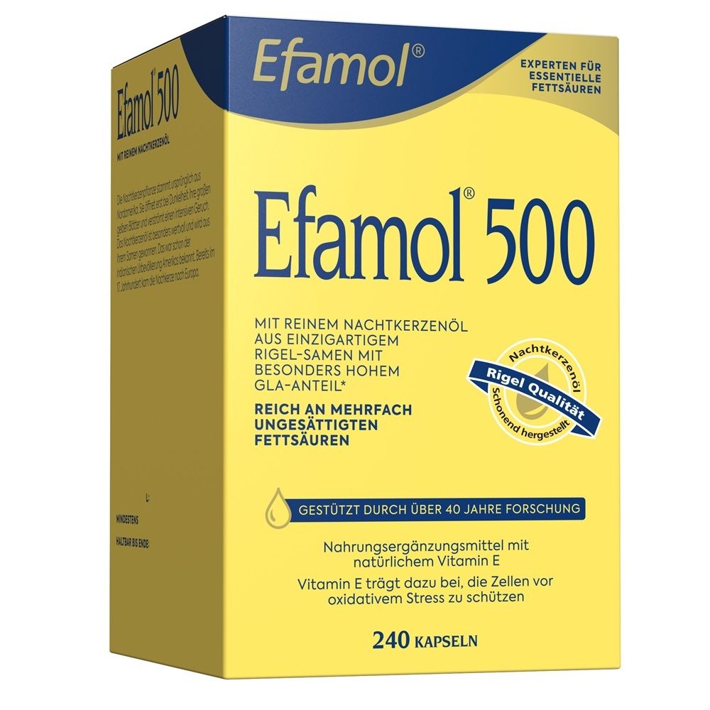 Efamol 500 Kapseln Verpackung mit 240 Stück. Gelbe Kartonschachtel mit blauer und weißer Schrift.