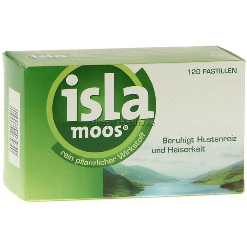 Schachtel Isla Moos Pastillen. Grün-weiße Verpackung mit Produktnamen und Text. 120 Pastillen.