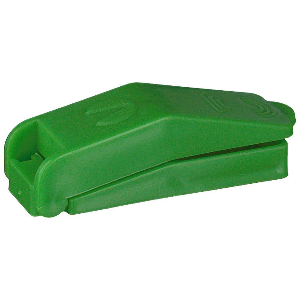 Grüner Tablettenteiler. Rechteckige Form mit abgerundeten Kanten. Ober- und Unterteil sind durch einen Spalt getrennt.