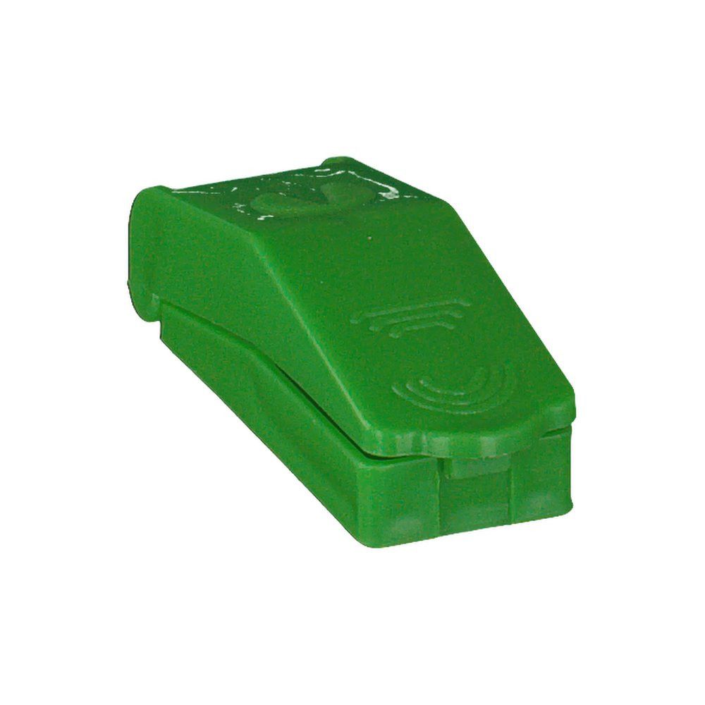 Grüner Tablettenteiler. Schrägansicht. Rechteckige Form mit abgerundeten Kanten. Ober- und Unterteil getrennt.