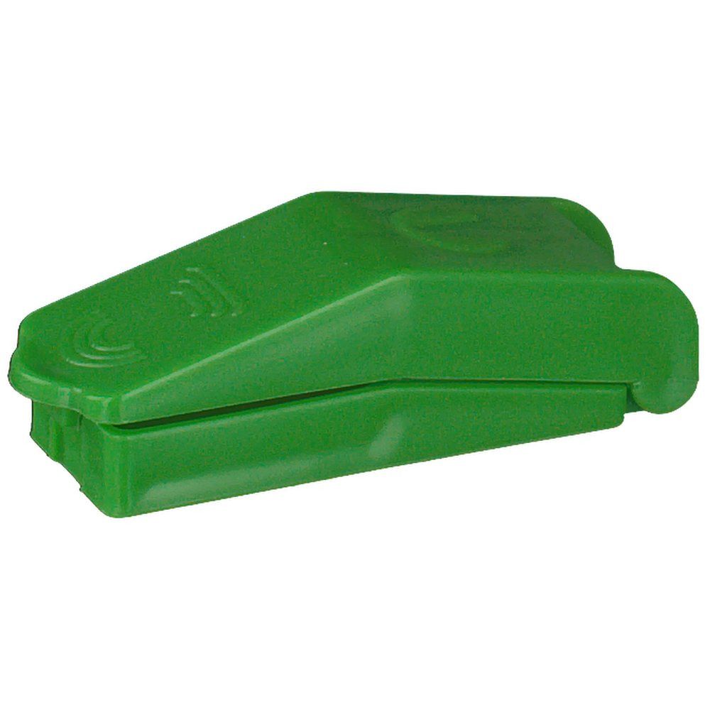 Grüner Tablettenteiler. Rechteckige Form mit abgerundeten Kanten. Ober- und Unterteil sind durch einen Spalt getrennt.