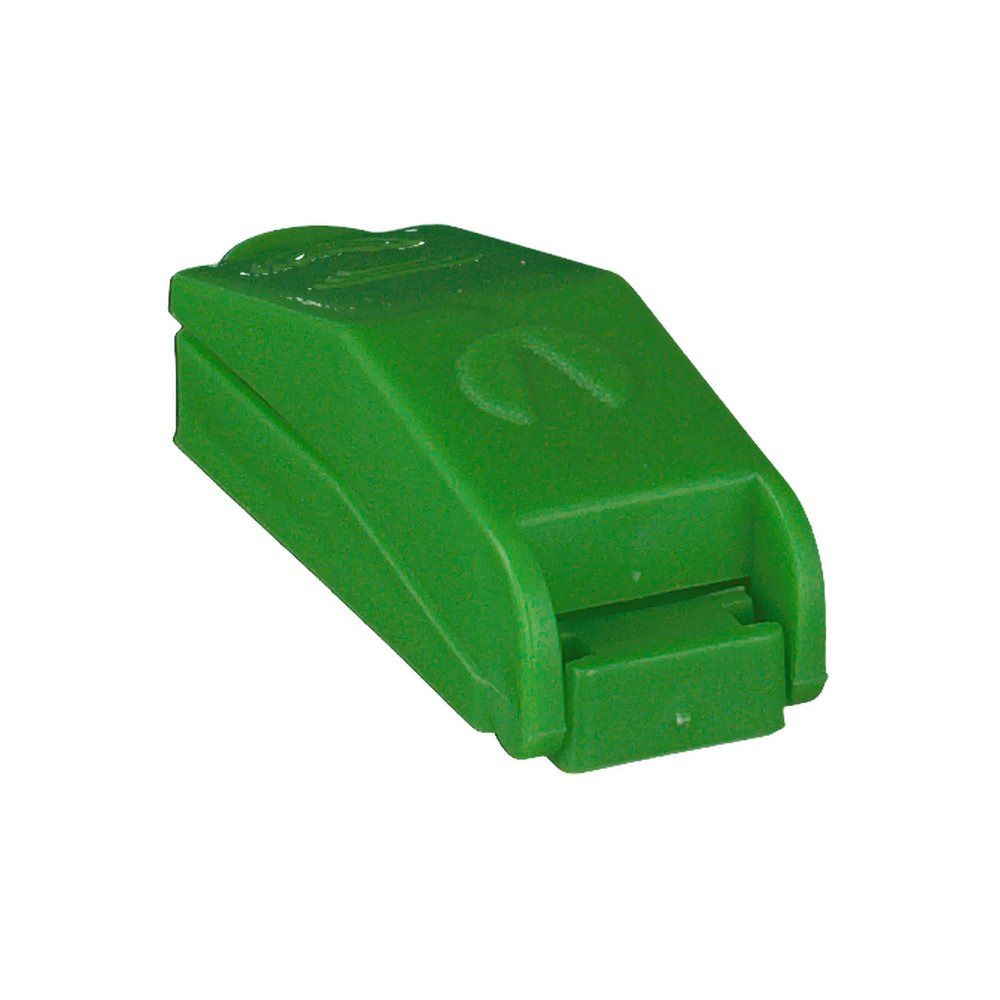 Grüner Tablettenteiler. Schrägansicht. Rechteckige Form mit abgerundeten Kanten. Ober- und Unterteil getrennt.