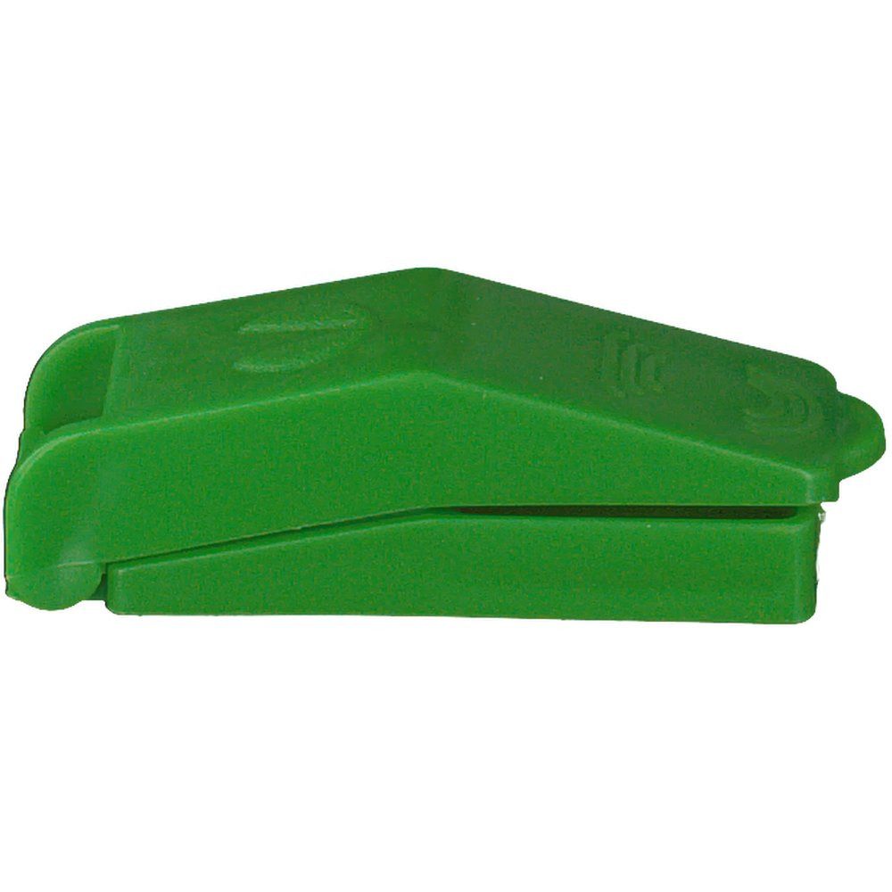 Grüner Tablettenteiler. Rechteckige Form mit abgerundeten Kanten. Ober- und Unterteil sind durch einen Spalt getrennt.