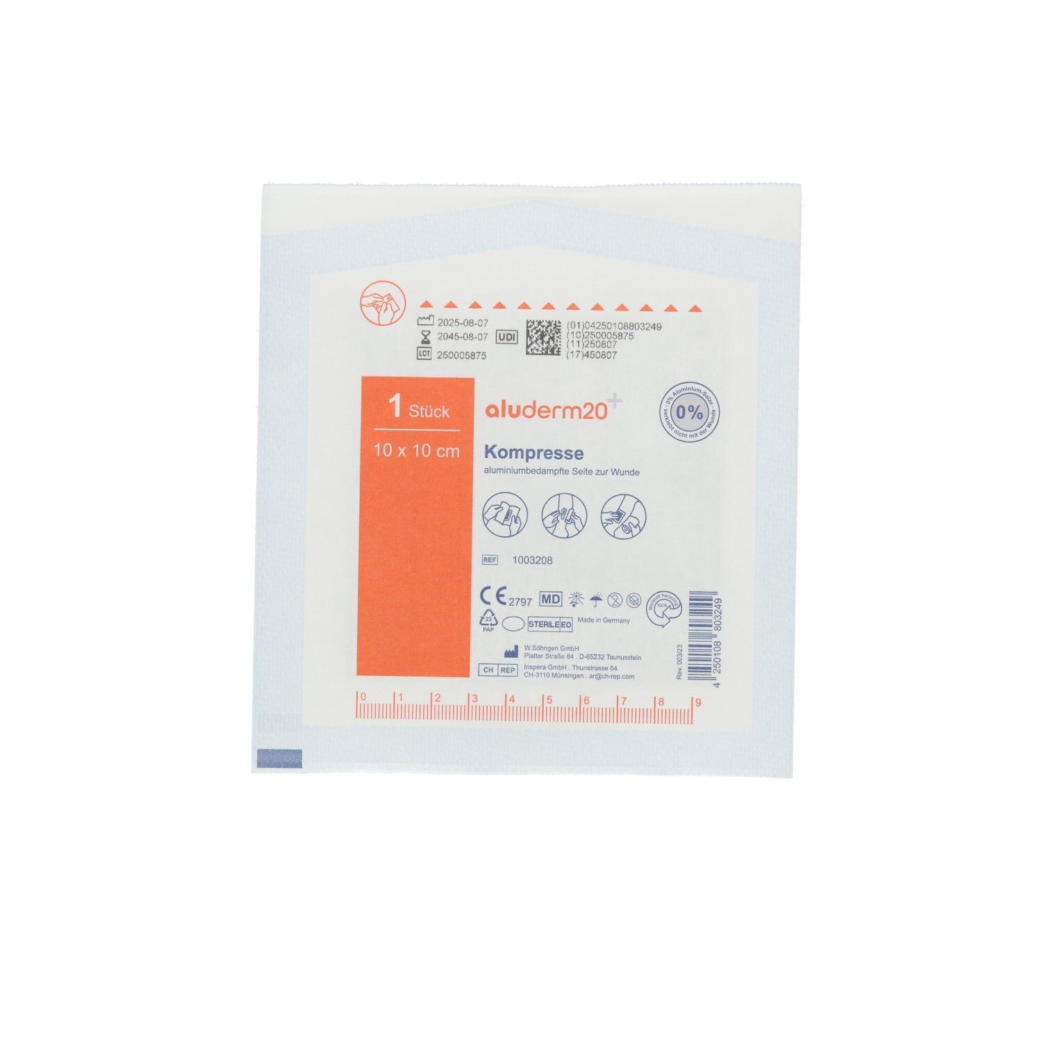 Verpackung mit Kompresse. Text: aluderm20+ Kompresse, 10 x 10 cm. 1 Stück. Sterile Verpackung mit Zertifizierungen und Piktogrammen.