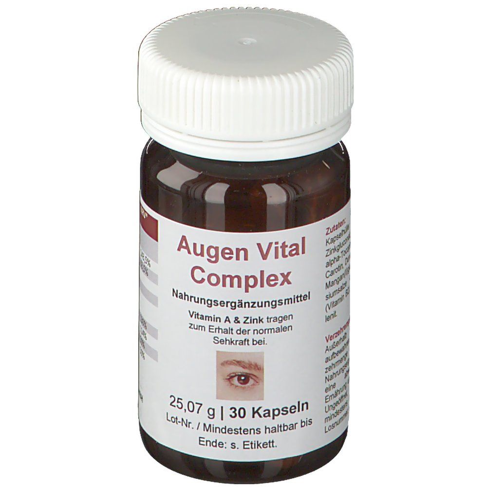 Braune Flasche mit weißem Deckel. Etikett mit Produktnamen, Inhaltsangaben und Abbildung eines Auges. 30 Kapseln.