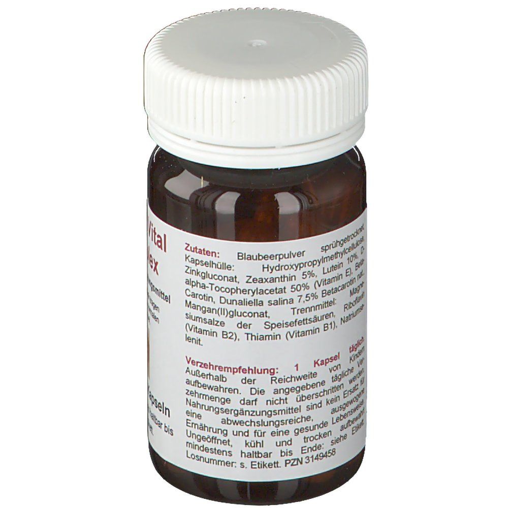 Braune Flasche mit weißem Deckel. Etikett mit Inhaltsstoffen, Verzehrempfehlung und Mindesthaltbarkeitsdatum. Kapseln.