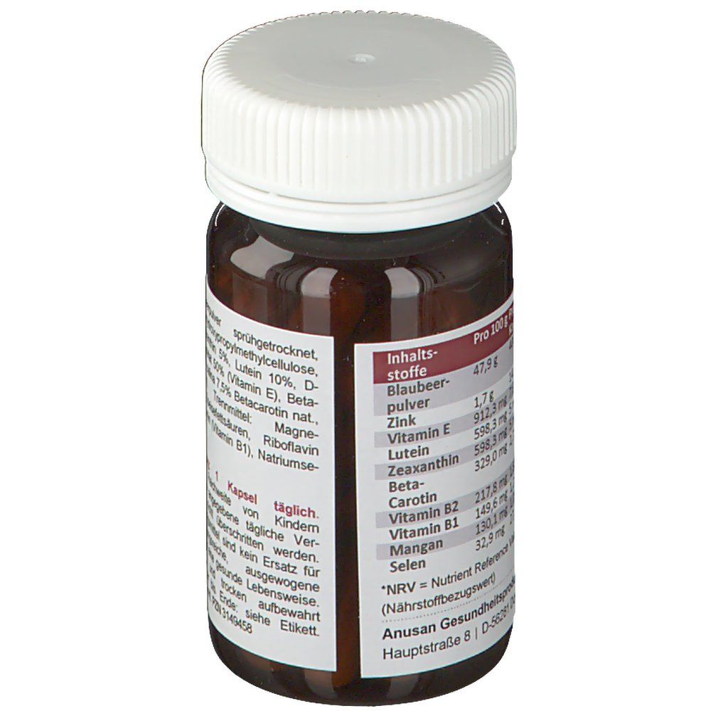 Braune Flasche mit weißem Deckel. Etikett mit Nährwertangaben. Enthält Blaubeerpulver, Zink, Lutein, Zeaxanthin, Beta-Carotin.