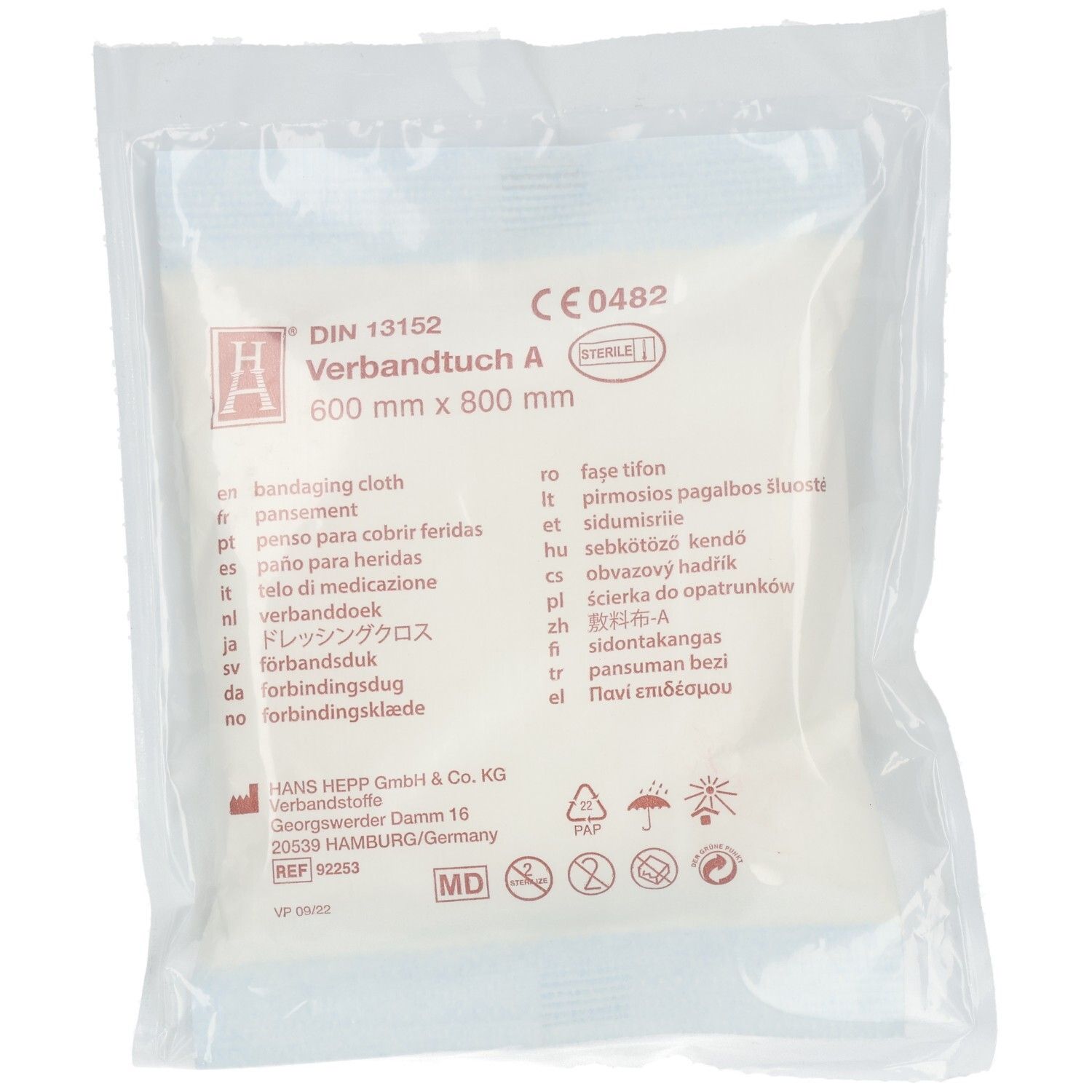 Verbandtuch A, 600mm x 800mm, steril verpackt. DIN 13152. Herstellerinformationen und Zertifizierung CE0482.