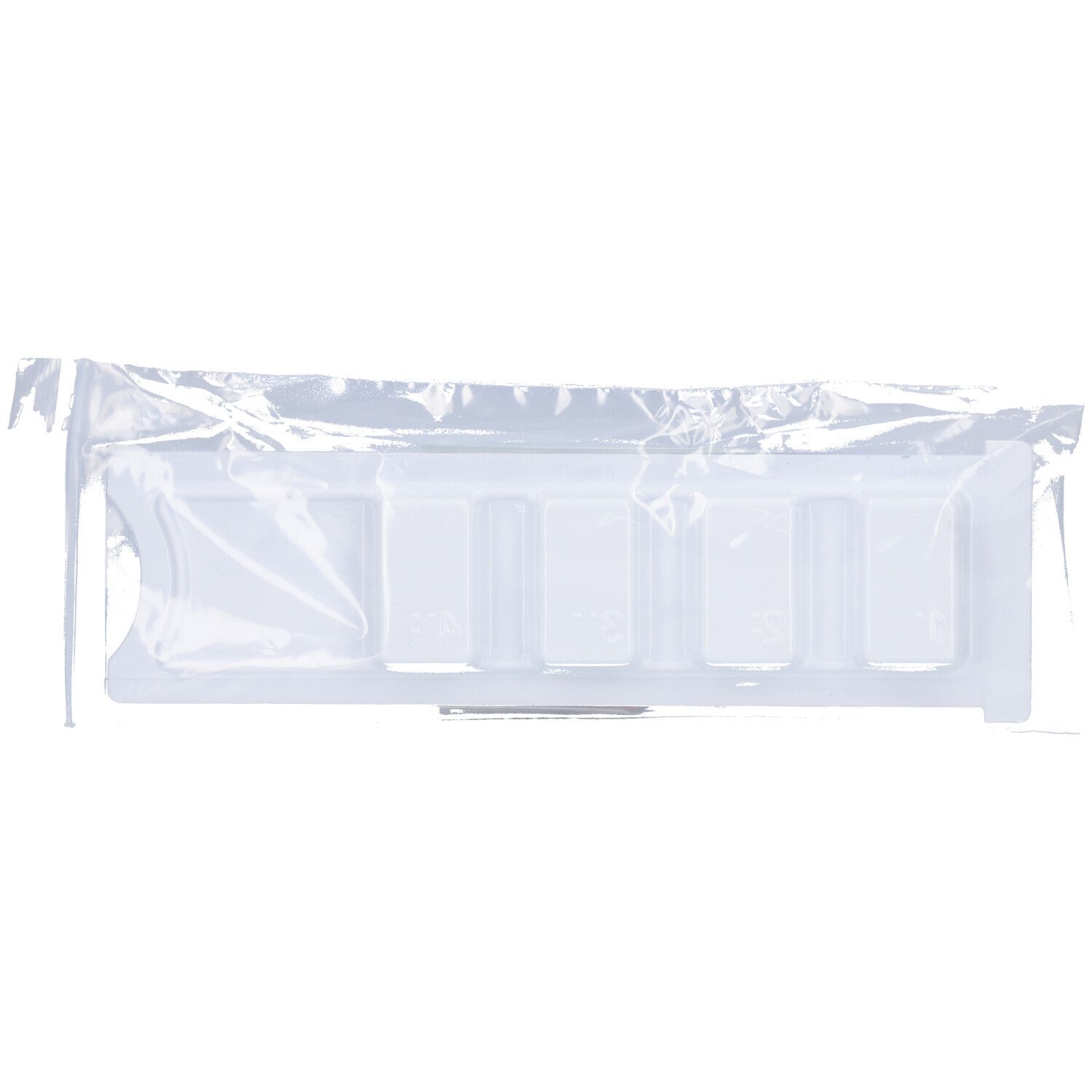 Transparenter Medikamentendispenser in Folienverpackung. Vier Fächer sichtbar. Ungefüllt.