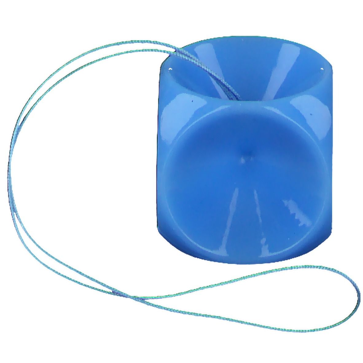 Blauer Würfelpessar mit Schnur. Zylindrische Form mit trichterförmiger Öffnung. Silikon.