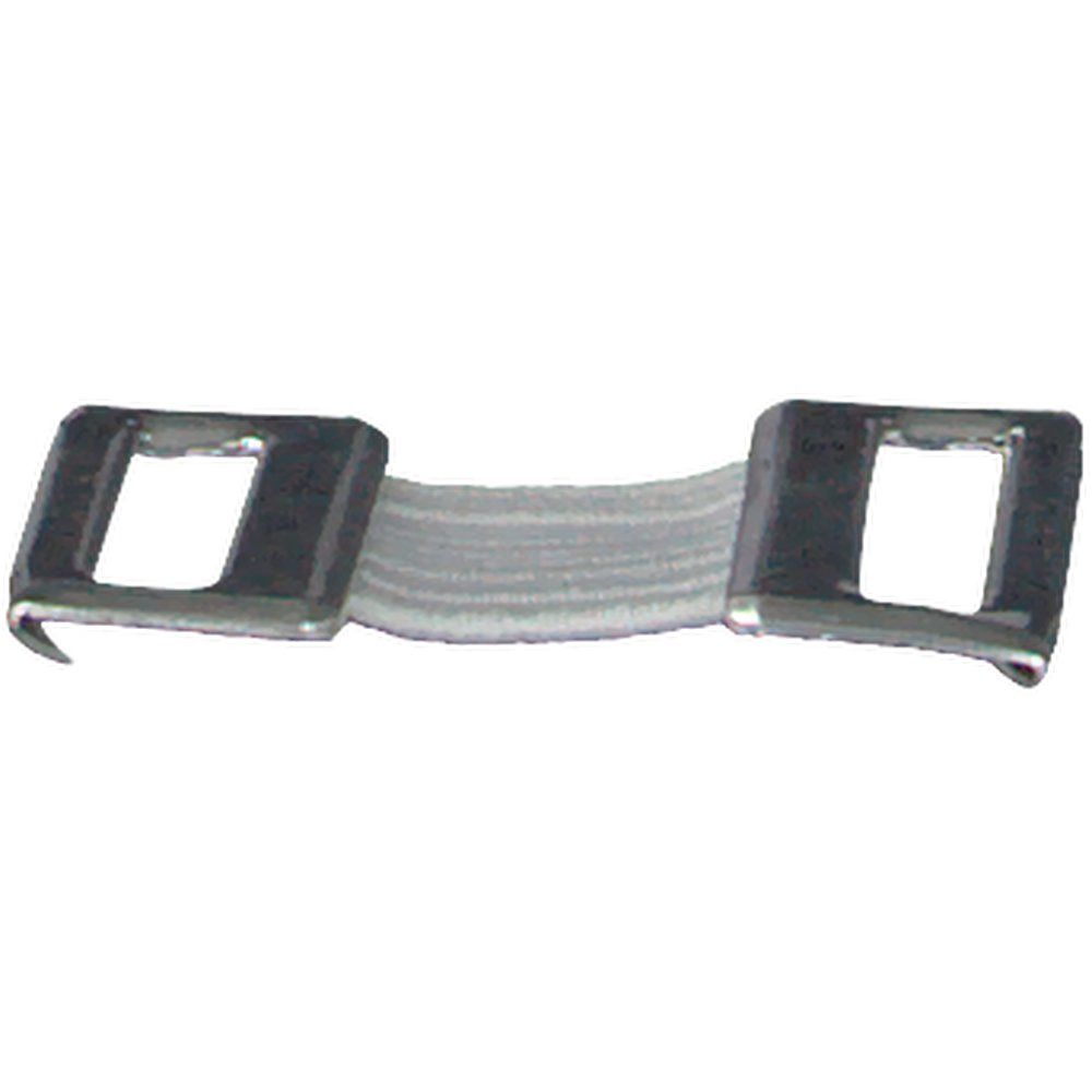 Zwei Metallklammern mit quadratischen Öffnungen, verbunden durch ein weißes Gummiband. Die Klammern haben Haken.