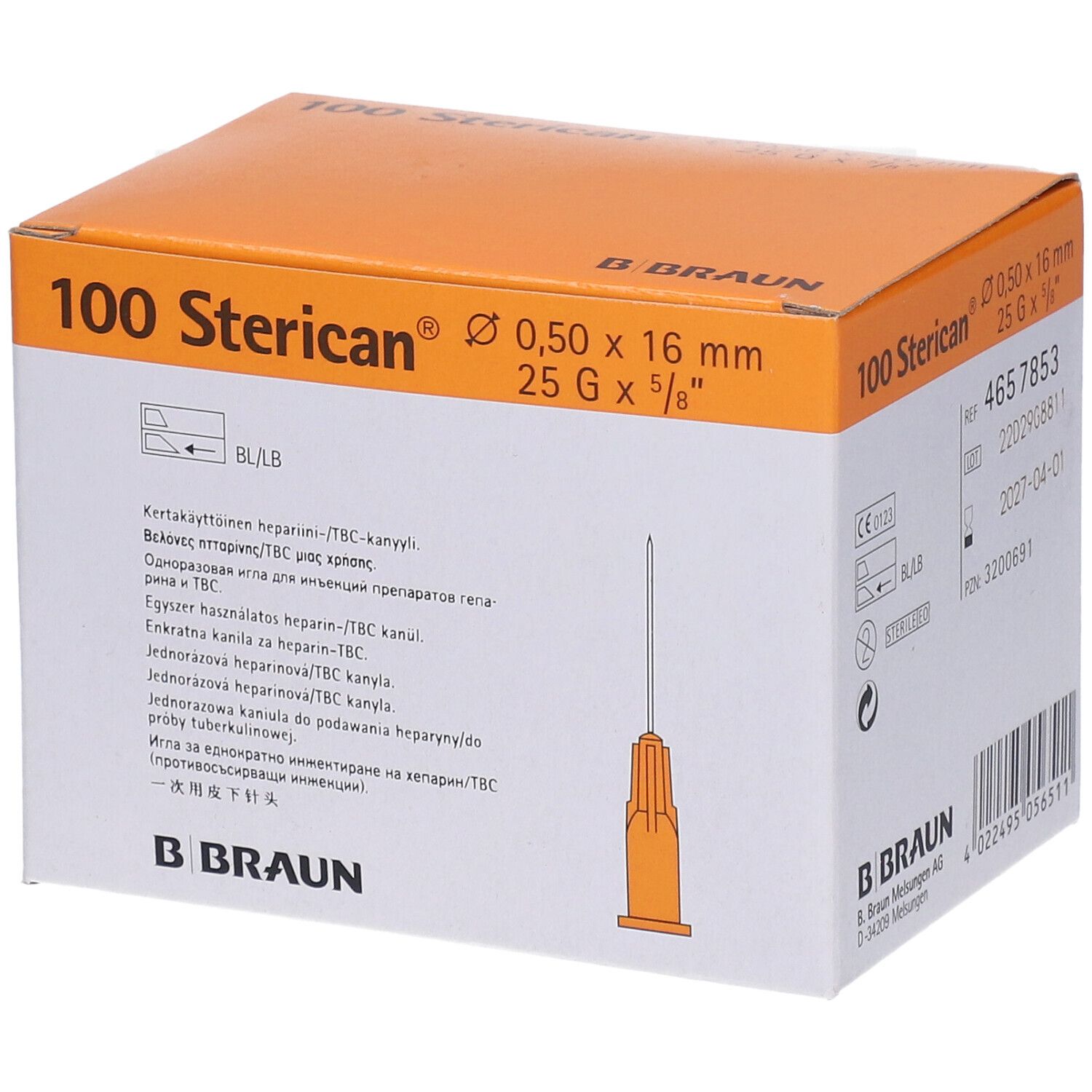 Packung mit 100 Sterican®-Injektionskanülen. Orangefarbene Kanüle, 0,50 x 16 mm, 25 G x 5/8". B. Braun-Logo.