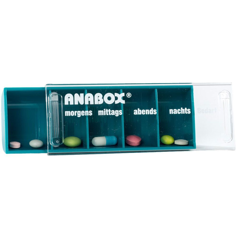 Hellgrüne Tablettenbox mit Deckel. Beschriftung: ANABOX, morgens, mittags, abends, nachts. Enthält Tabletten in verschiedenen Farben.