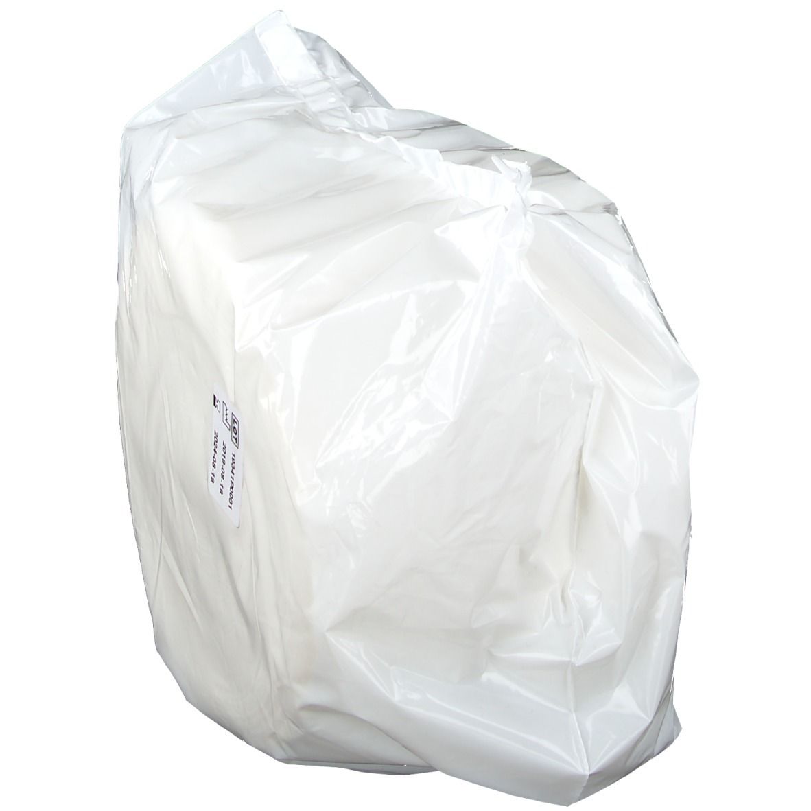 Verpackung mit Zellstofftupfern, schräg von der Seite. Klarsichtverpackung. Kleines Etikett mit Chargennummer.