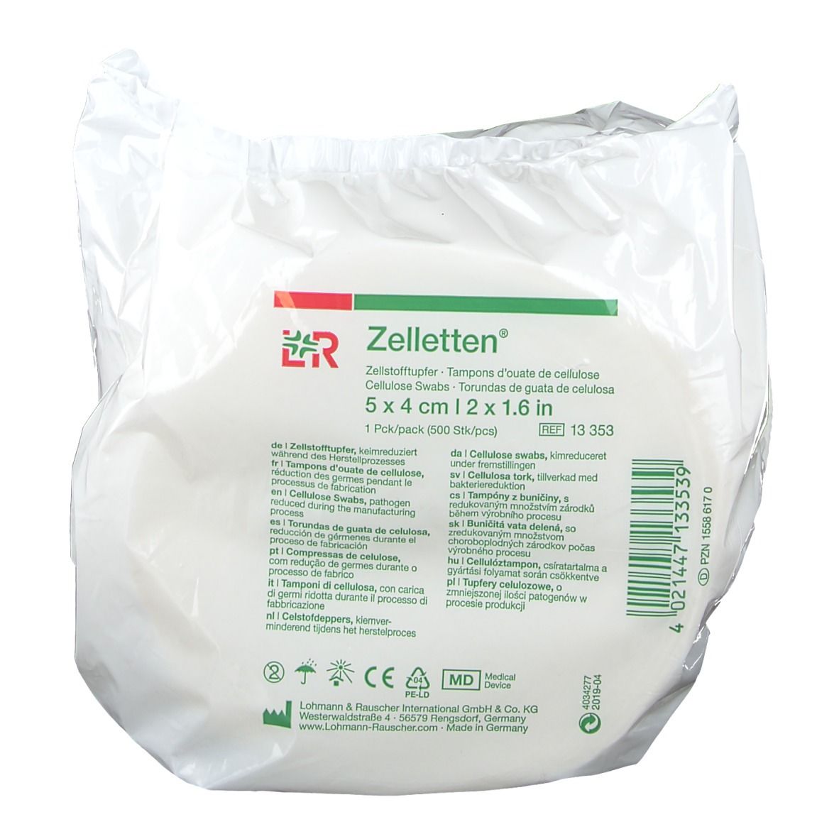 Verpackung mit Zellstofftupfern. Aufdruck: 5x4 cm, steril. Grün-rotes Logo. Klarsichtverpackung. Zertifizierungen.