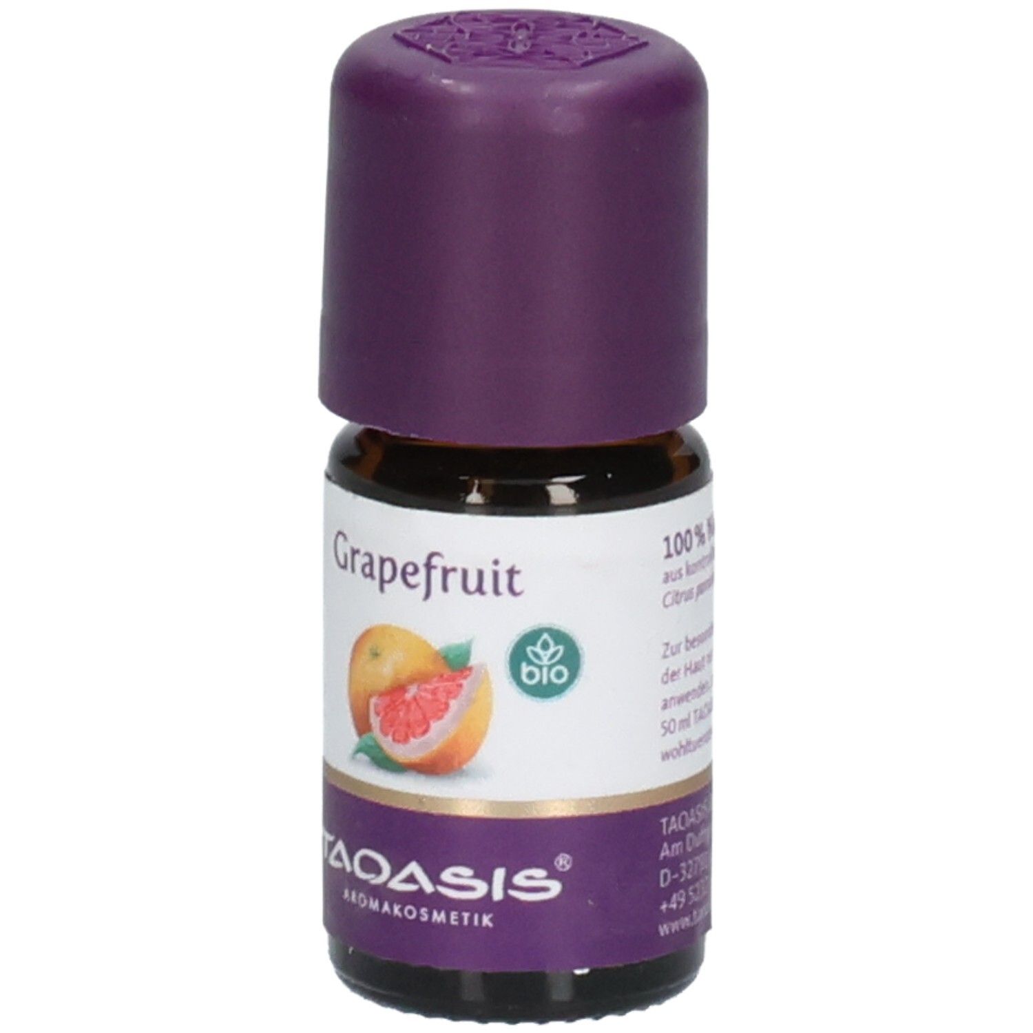 Braune Glasflasche mit lila Verschluss. Aufschrift "Grapefruit" und Abbildung einer Grapefruit. Logo und "BIO"-Siegel.