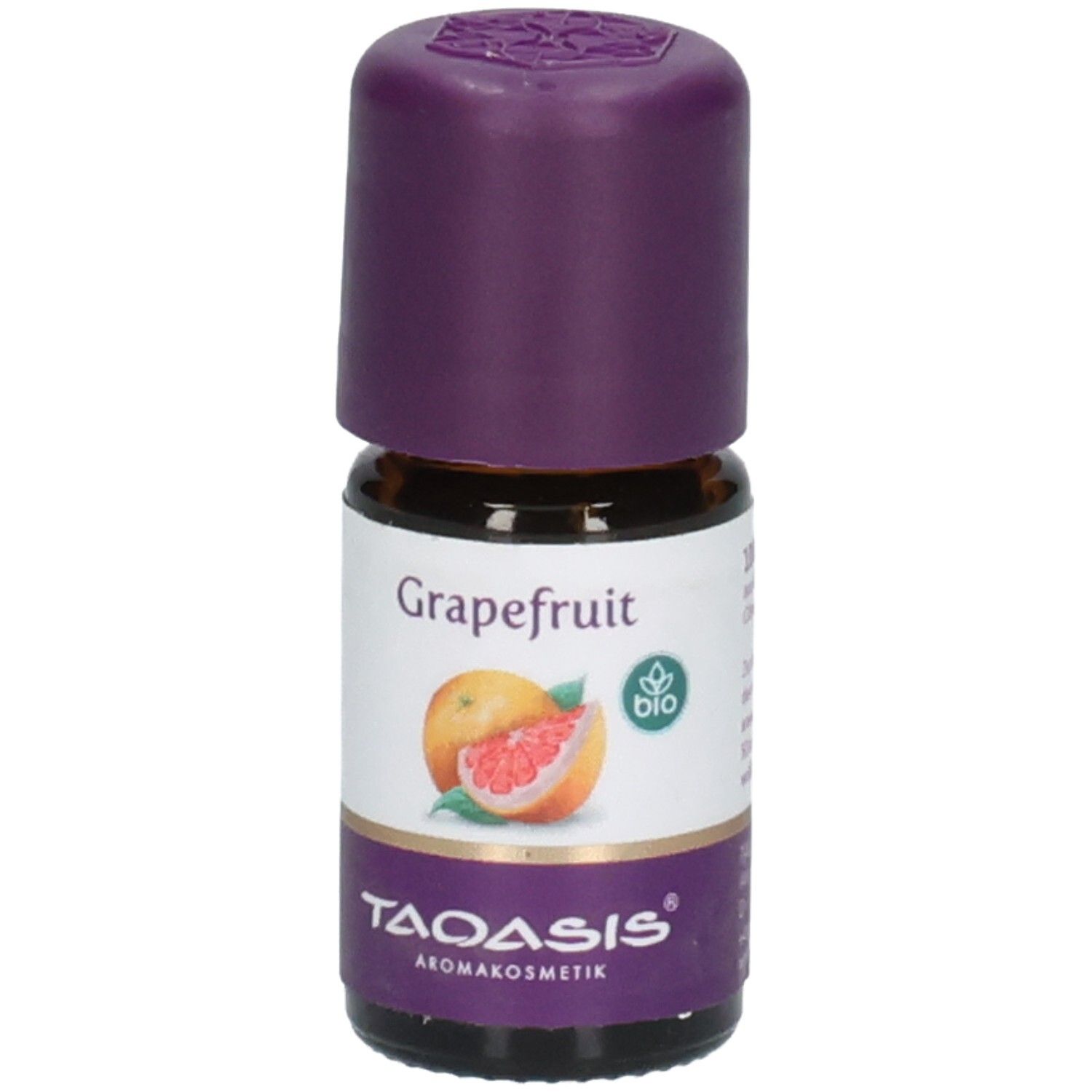 Braune Glasflasche mit lila Verschluss. Aufschrift "Grapefruit" und Abbildung einer Grapefruit. Logo und "BIO"-Siegel.
