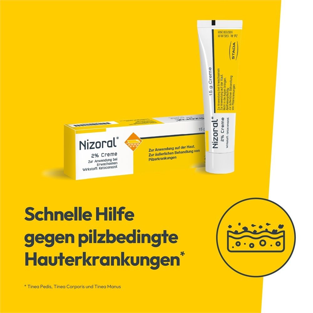 Nizoral 2% Creme Tube und Faltschachtel auf gelbem Hintergrund.