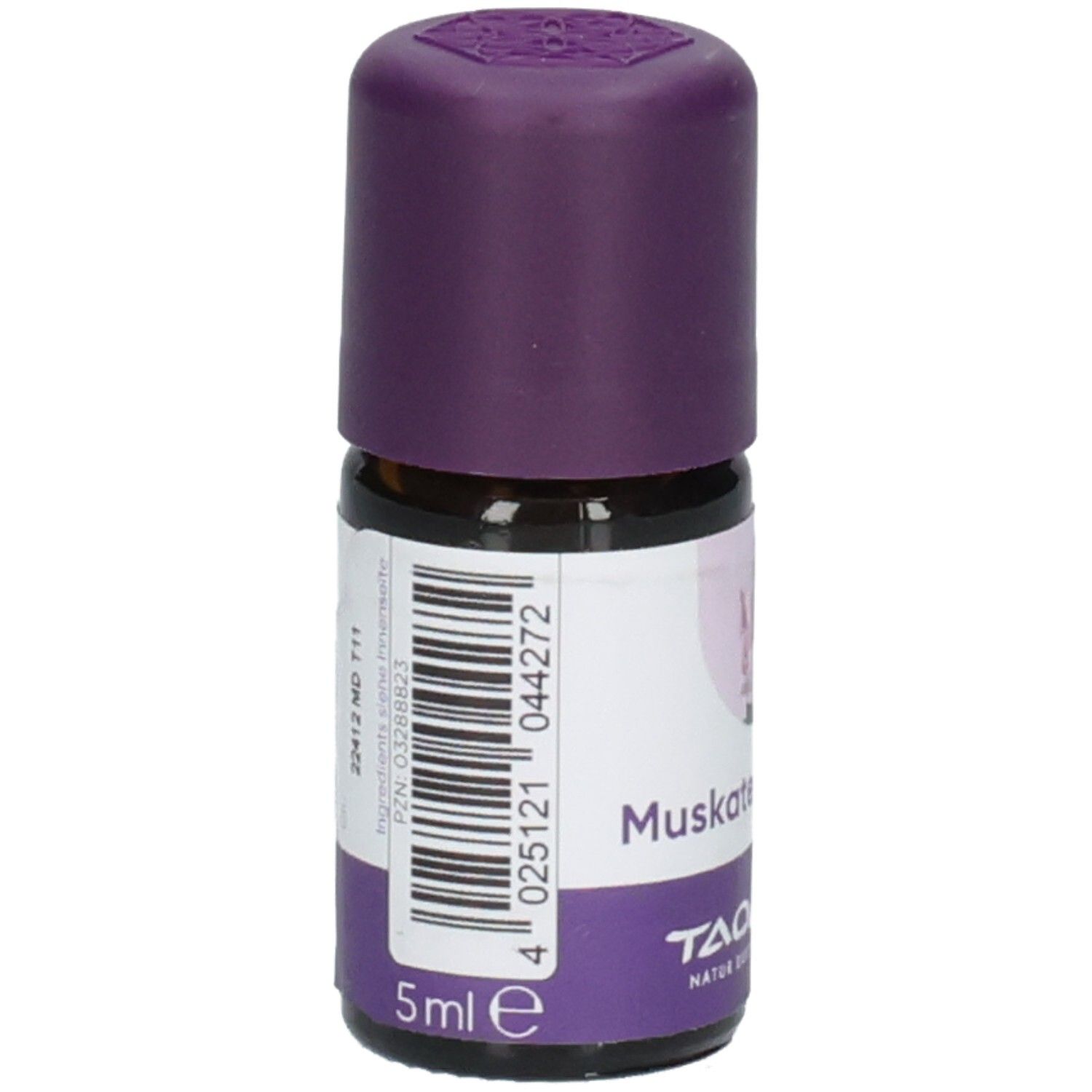 Braune Glasflasche mit lila Verschluss. Etikett mit Produktname, Logo und Barcode. 5ml.