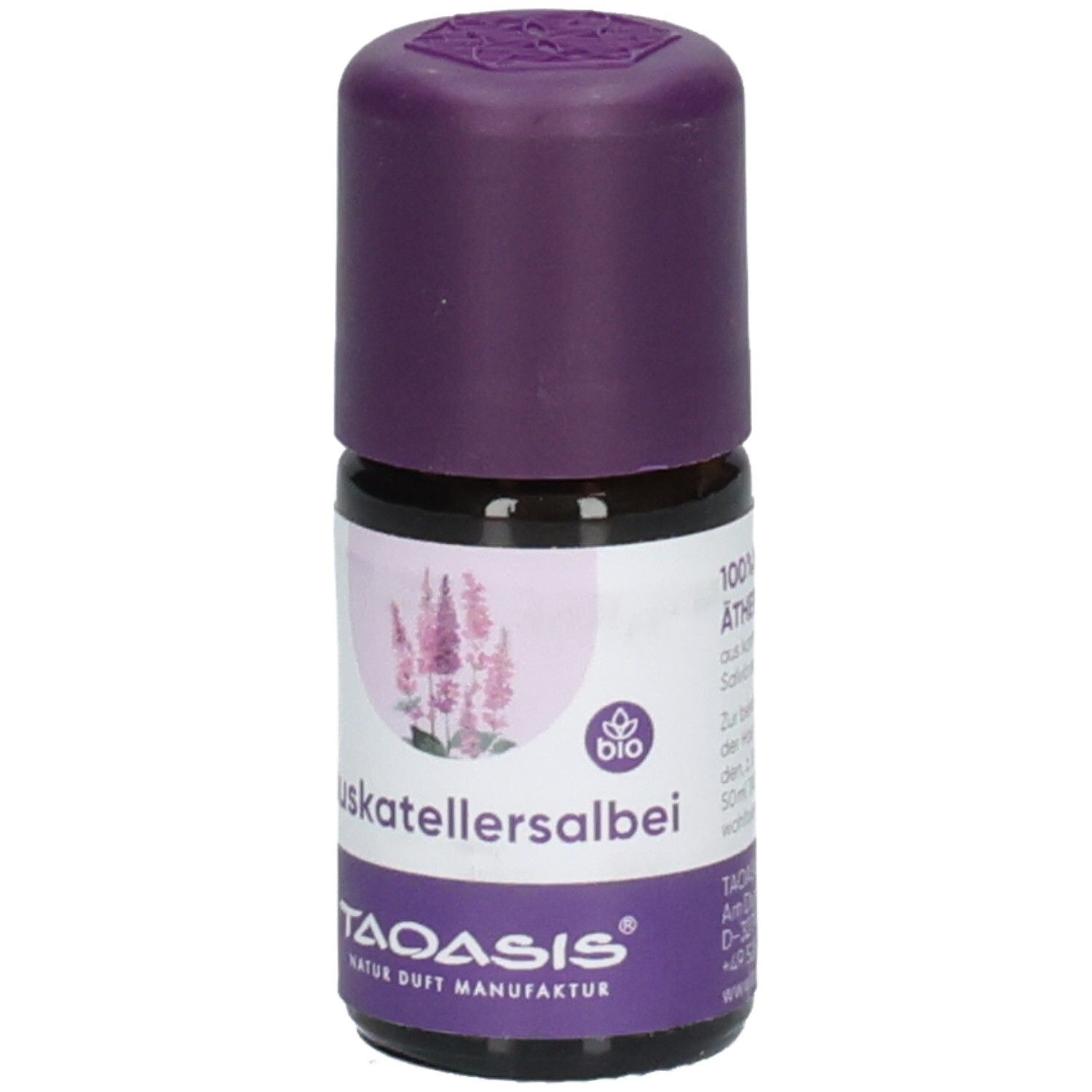 Braune Glasflasche mit lila Verschluss. Etikett mit Produktname, Logo und Bio-Siegel.