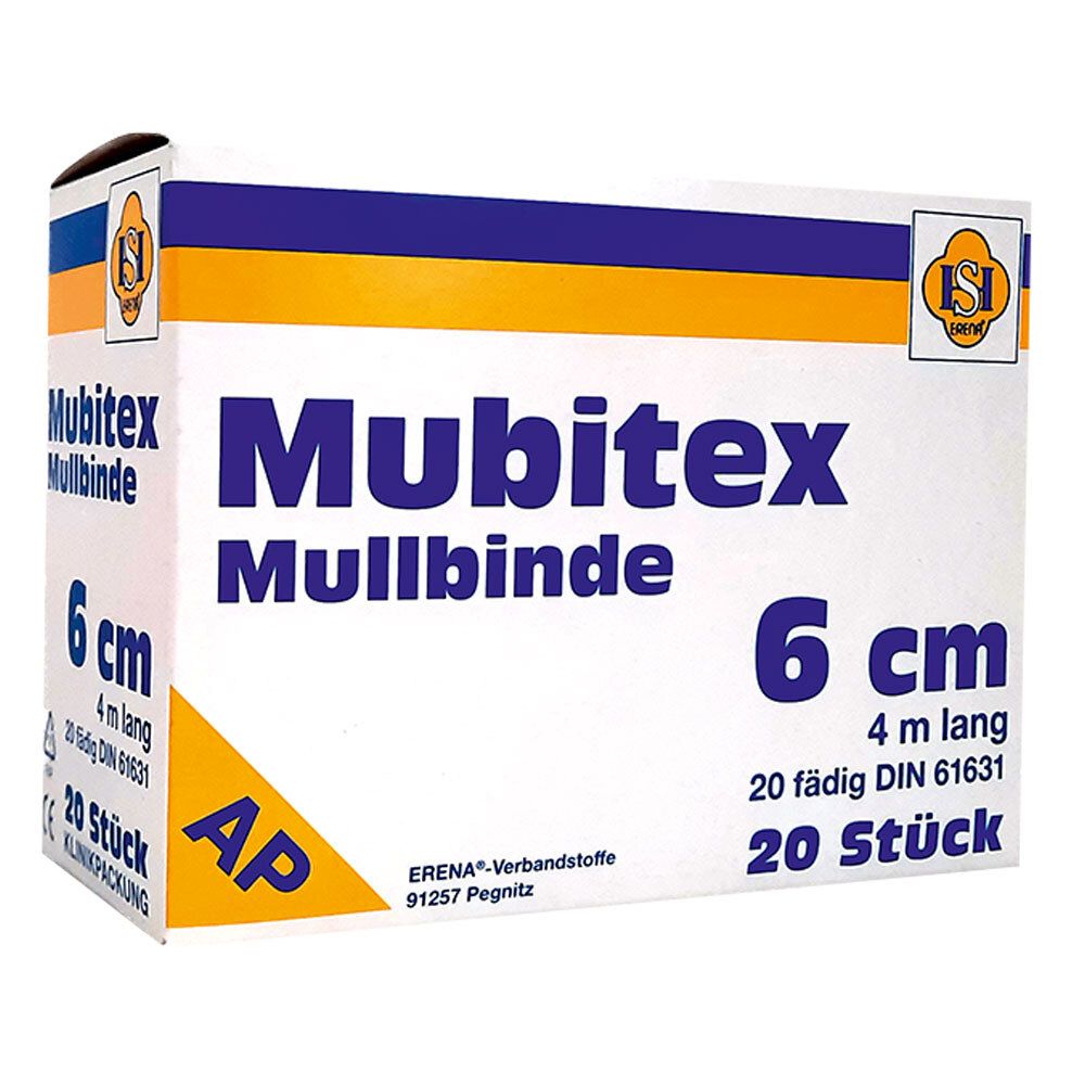 Verpackung von Mubitex Mullbinde. Aufschrift: 6 cm, 4 m lang, 20 Stück. ERENA-Verbandstoffe. Mit Qualitätszeichen.