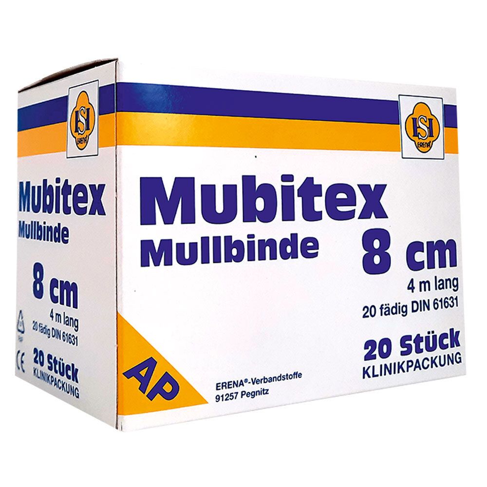Verpackung von Mubitex Mullbinden 8 cm. Enthält 20 Stück. Mit Logo und Herstellerangaben.