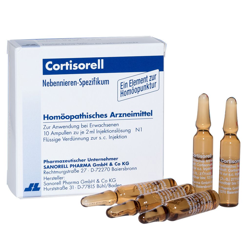 Packung und Ampullen von Cortisorell. Braune Ampullen liegen neben der weißen Schachtel. Aufschrift: Homöopathisches Arzneimittel.