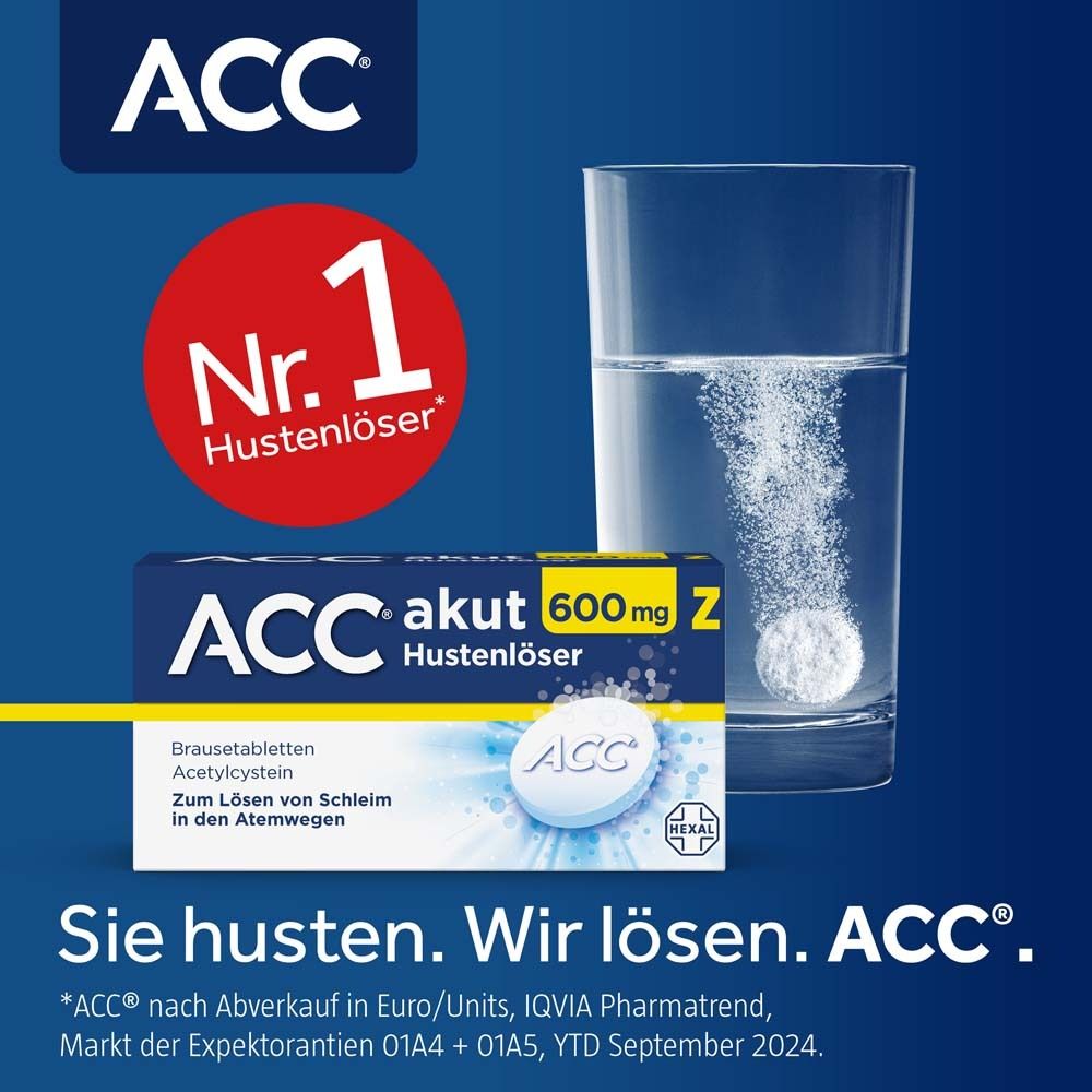 Glas mit Brausetablette, Packung ACC akut 600 mg Z Hustenlöser. Text: Nr. 1 Hustenlöser. Sie husten. Wir lösen. ACC®.