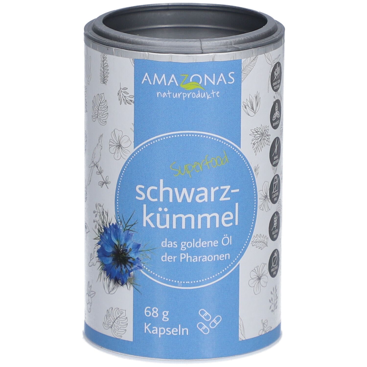 Geöffnete Dose mit blauer Banderole. Aufschrift: AMAZONAS, Schwarzkümmel, Kapseln. 68 g. Illustrationen.