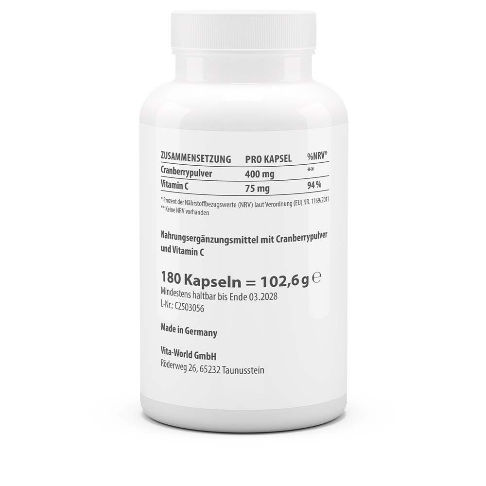 Rückseite der Flasche. Zutatenliste, Nährwertangaben, Herstellerinformationen. 180 Kapseln. Hergestellt in Deutschland.