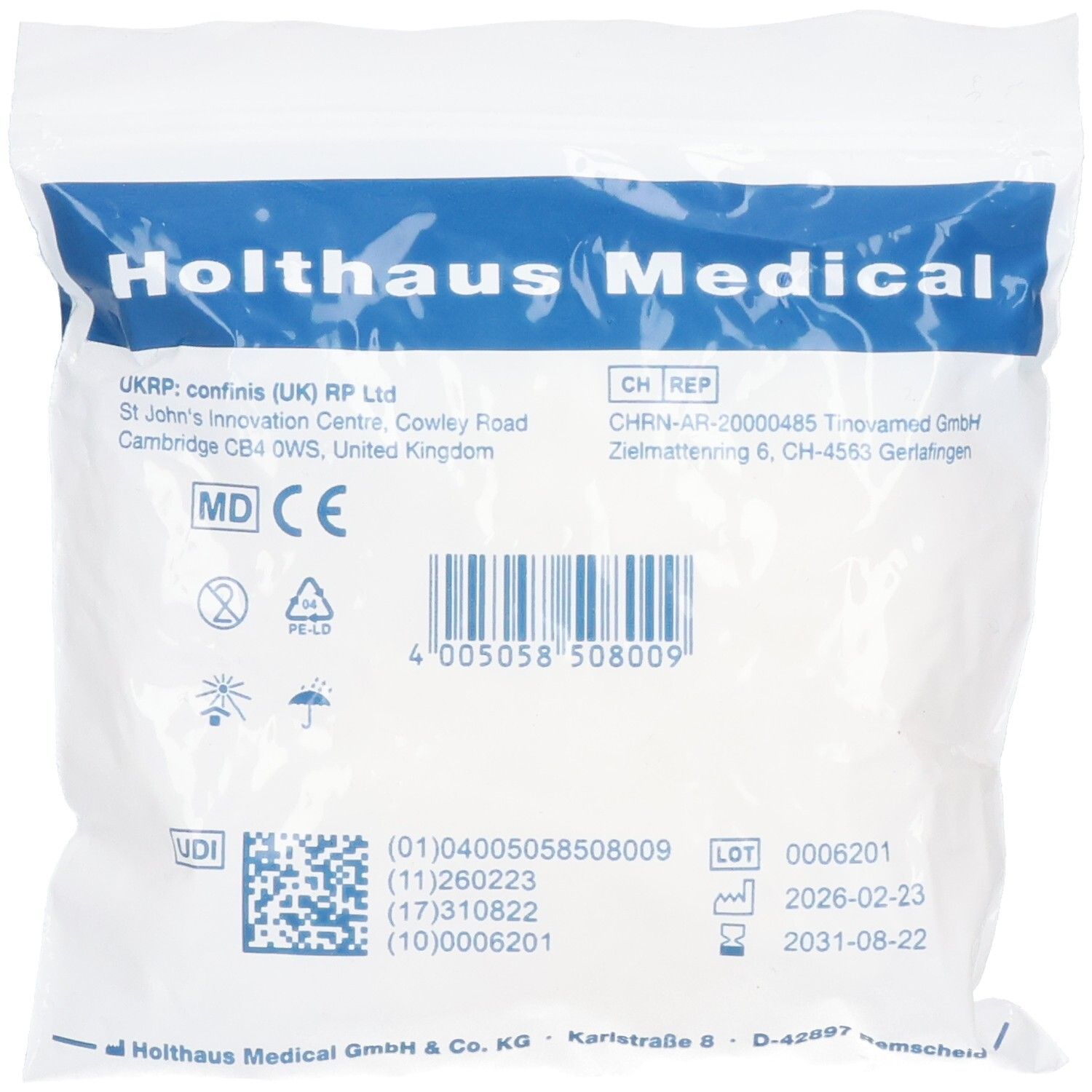 Verpackung von Holthaus Medical mit CE- und MD-Symbolen.