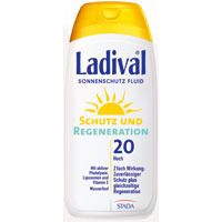 Weiß-gelbe Flasche mit Ladival-Logo und Sonnenmotiv. Text: Sonnenschutz Fluid, Schutz und Regeneration, LSF 20.