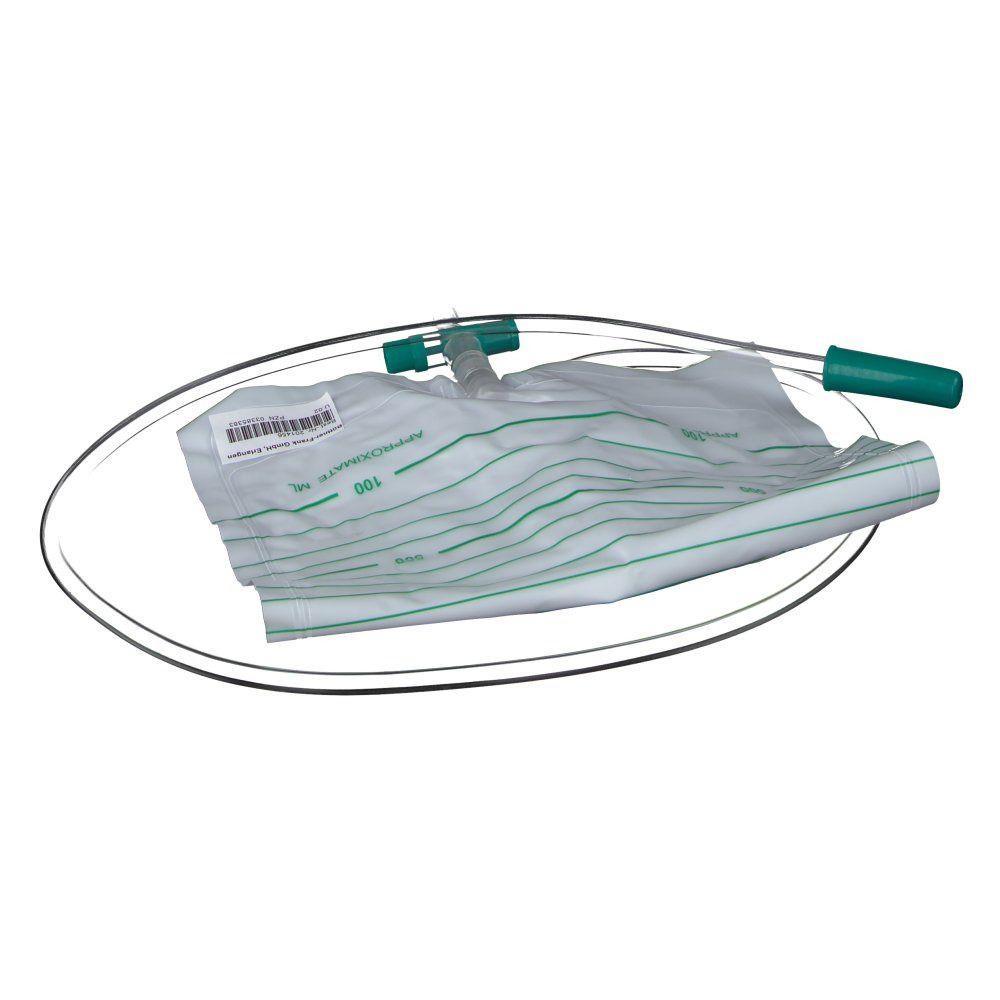 Urin-Auffangbeutel mit grünen Markierungen und Anschluss. Schlauch und Griff. Auf ovalem Hintergrund.