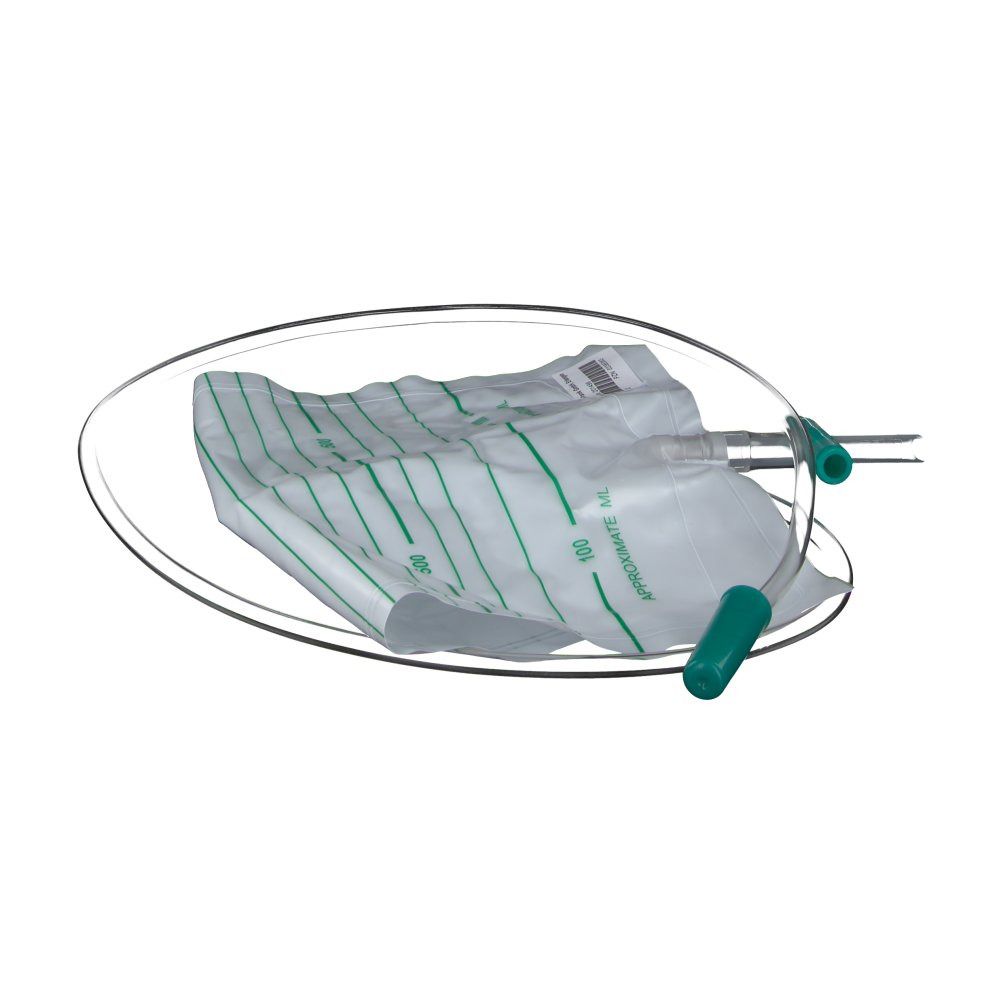 Urin-Auffangbeutel mit grünen Markierungen und Anschlüssen. Auf ovalem Hintergrund.