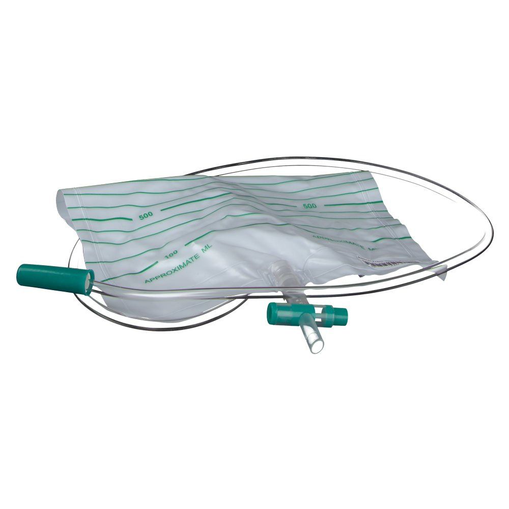 Urin-Auffangbeutel mit grünen Markierungen und Anschlüssen. Auf ovalem Hintergrund.