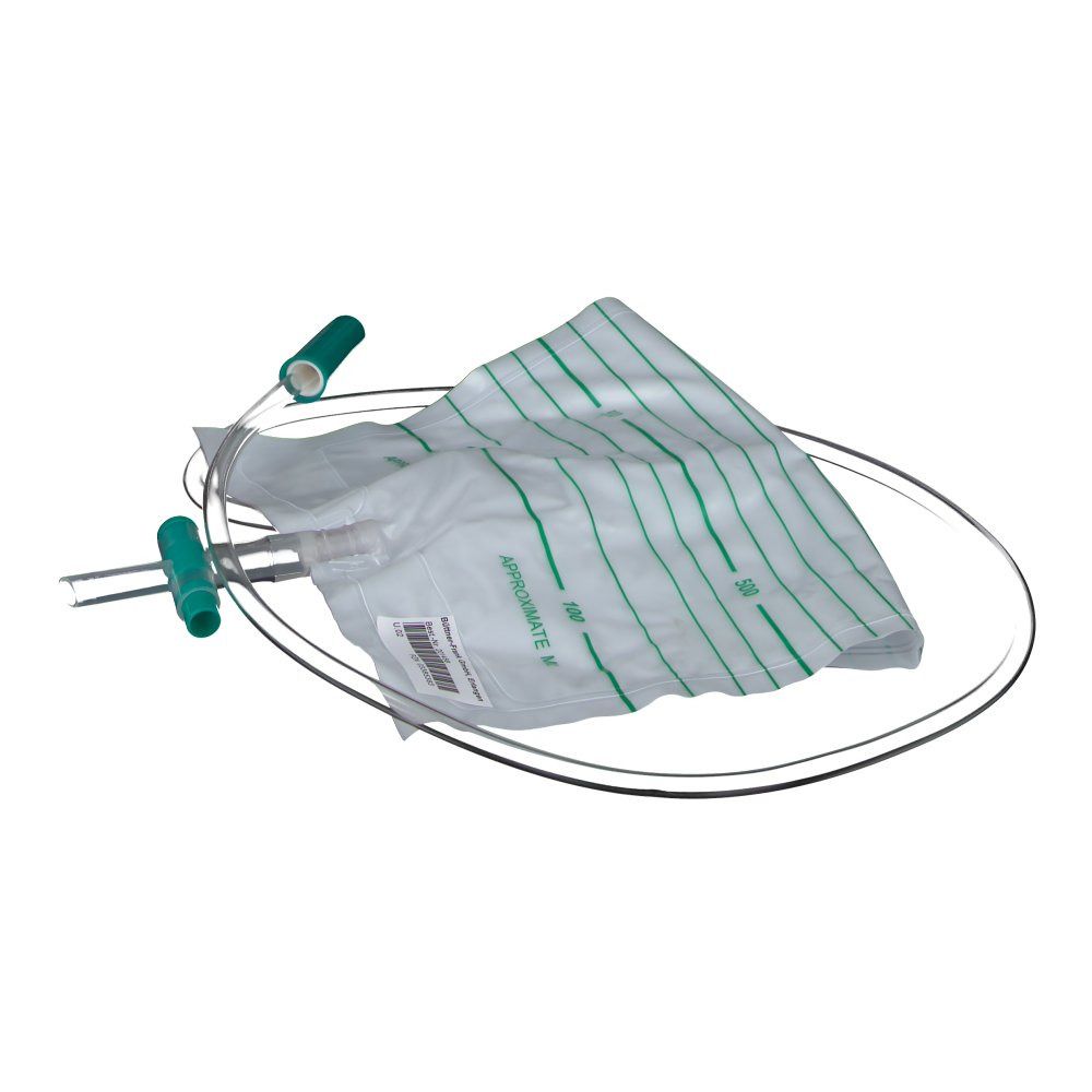 Urin-Auffangbeutel mit grünen Markierungen und Anschlüssen. Auf ovalem Hintergrund.